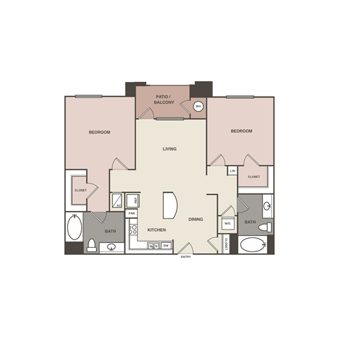 Floor plan for 2 beds, 2 baths, 1087 sqft